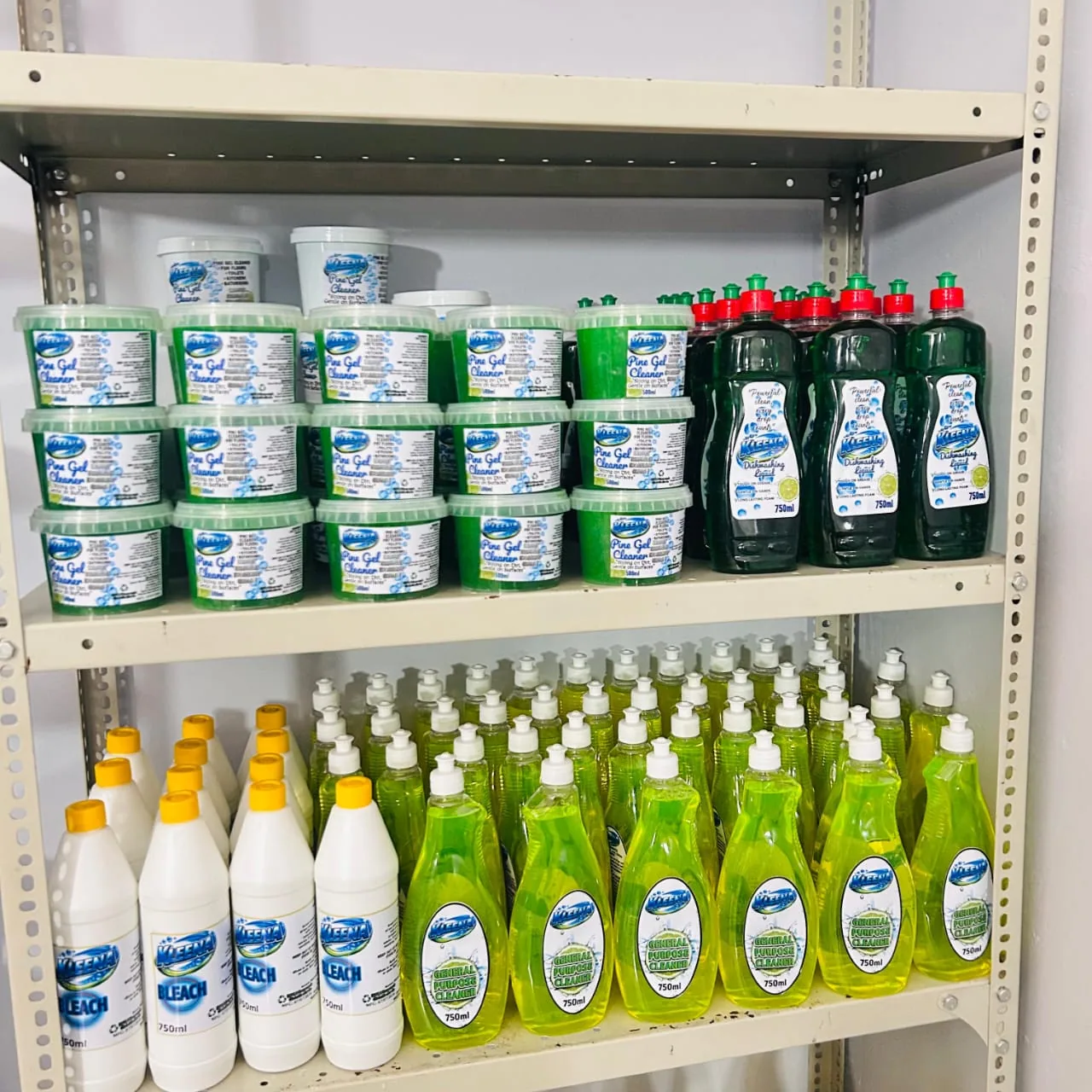 Shelves of Kleena cleaning products made through the ANBI detergent programme